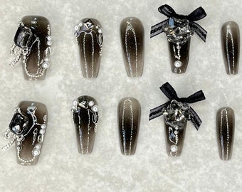 Cute Black Nails with Rhinestones and Bow, Acrylic Nails, Press on Nails, Coffin Shape