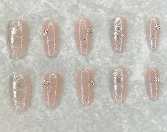 Cute Acrylic Nails with Silver Flowers, Press On Nails, Pink Nails, Pretty Nails, Simple Nails, Sparkle Nails