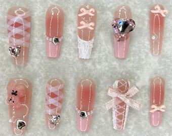 Cute Ballet Pink Nails, Acrylic Nails, Press On Nails, Bear Charm, Heart Charm, Bow Charm