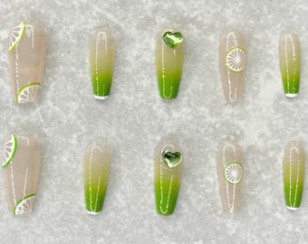 Lime Green Nails, Acrylic Nails, Press On Nails, Green Nails, Lime Nails, Nail Charms, Ombre Nails