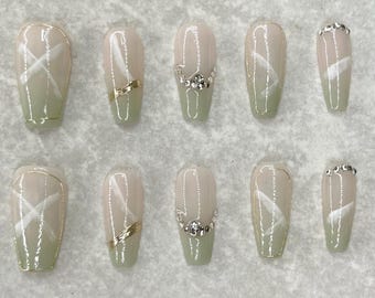 Pale Blue French Tip Nails with Rhinestones, Acrylic Nails, Press On Nails, Pretty Nails, Nail Design, Nail Charms, Everyday Nails