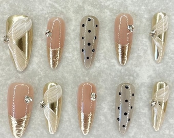 Elegant Flower Nails, Acrylic Nails, Press On Nails, Gold Nails, Long Nails, Polka Dot Nails, Rhinestone