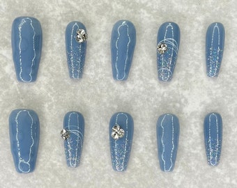 Blue Nails, Acrylic Nails, Press On Nails, 3D Polka Dots, Nail Design, Cute Nails