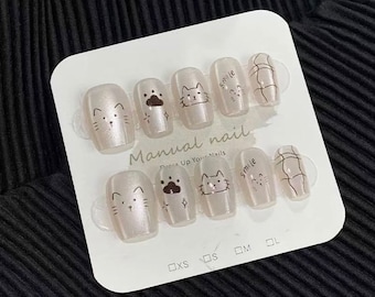 Cute cat nail, Acrylic nail, Press-on, Cat-eye, Cute