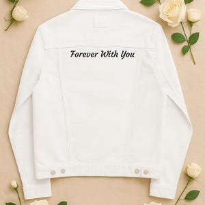 Embroidered White Denim Bride Jacket: Personalized Wedding Date