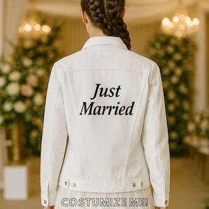 Embroidered White Denim Bridal Jacket - Just Married - Custom Wedding Date