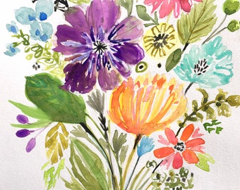 Original Fresh Mixed Bouquet Watercolor Painting Flowers on 11 x 15 on Paper by Karen Fields