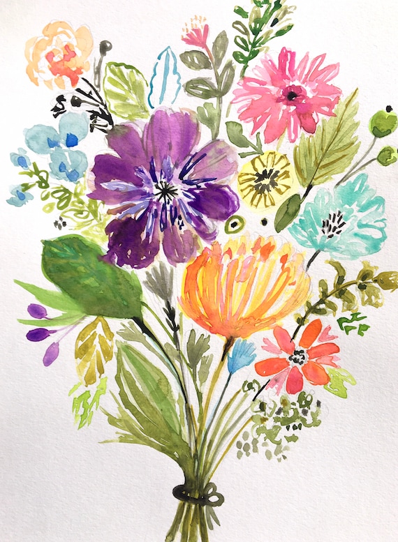Original Fresh Mixed Bouquet Watercolor Painting Flowers on 11 X
