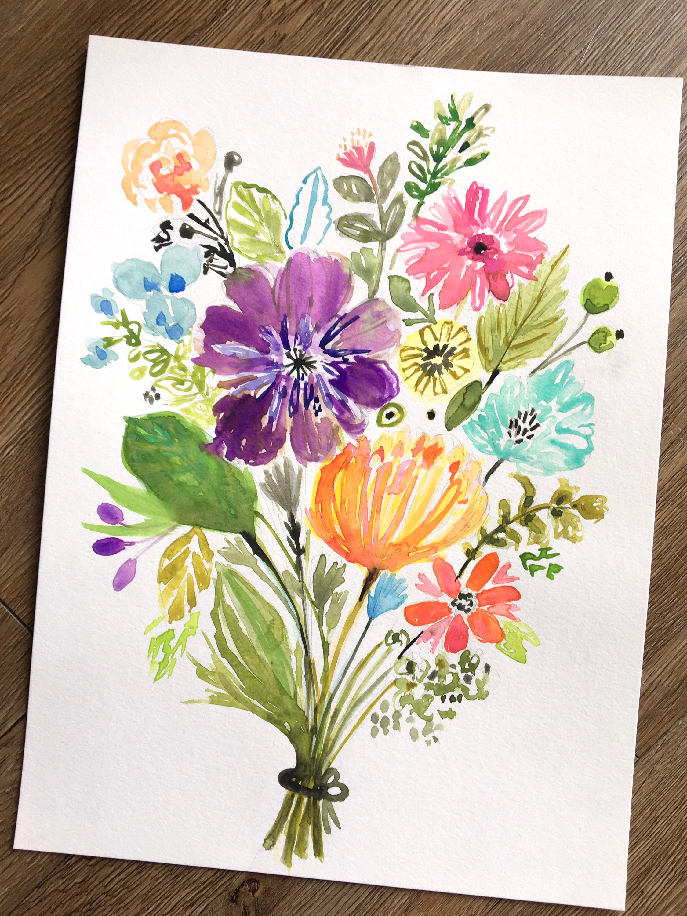 Original Watercolor Floral Painting on 11x14 Inch Cotton Paper with  Ranunculus Bouquet and Foliage — Kara Aina Art