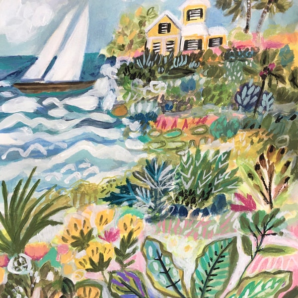 Karen Fields Sailboats, Sailboats Island Cove 18 x 24” Acrylic on Watercolor Paper by Karen Fields