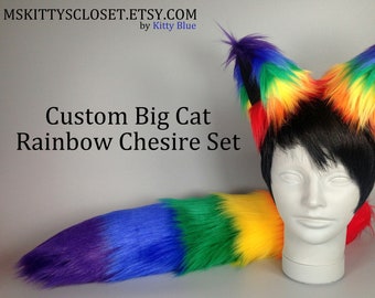 Rainbow Big Cheshire Set - Pride Furry Set - Rainbow Cheshire Ears - Rainbow Cheshire Tail - Rainbow Raccoon Tail - Rainbow Faux Fur