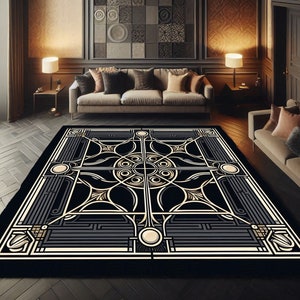 Art Deco Rug: Black & Gold Geometric Statement, Luxury Vintage Style