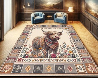 Highland Cow Rug | Floral Western Accent Rug