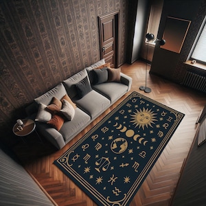 Alfombra de astrología del zodíaco con símbolos del sol y la luna, alfombra de equilibrio celestial para decoración de brujería, diseño de alfombra de justicia espiritual, alfombra ritual del horóscopo