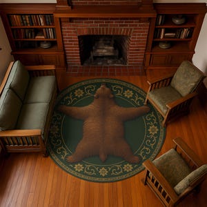 May include: A brown bear rug with outstretched paws is centered on a green circular rug with a floral border. The rug is in a room with wooden furniture, a fireplace, and bookshelves.