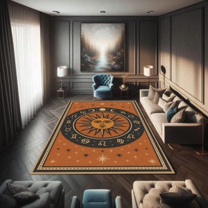 Sun Sternzeichen Teppich, mystischer Astrologie Teppich mit kräftigem orangefarbenem Design und Sternenkarte, himmlischer Boho Teppich für spirituelle oder Meditationsraumdekoration