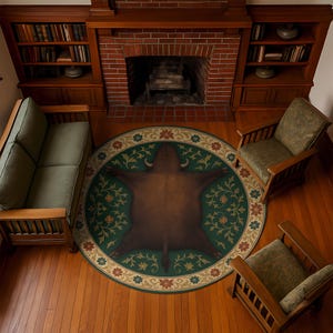 May include: A round area rug with a central image of a brown bear skin, surrounded by a green border with floral and vine patterns. The rug is placed in a room with wooden furniture and a brick fireplace.