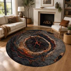 May include: A circular area rug featuring a high-resolution print of cracked, dark volcanic rock with glowing orange lava veins radiating from the centre, transitioning into shades of charcoal, deep brown, and earthy tan across the textured surface.