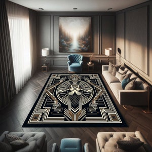 Art Deco Geometric Rug, Luxury Black Gold Modern Rug, Elegant Vintage Glamour Rug, Sophisticated Gatsby Style Rug, Timeless Deco Artwork Rug