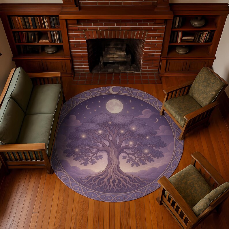 May include: A round area rug featuring a stylized tree design in shades of purple, with a full moon and stars in the background. The rug has a decorative border and is placed on a hardwood floor. The rug is surrounded by wooden furniture.