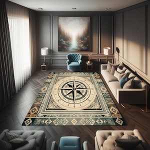 Alfombra Compass Rose: diseño tribal náutico de brújula con motivos étnicos bohemios vintage, decoración costera para sala de estar o entrada.