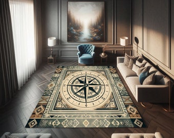 Compass Rose Rug: Nautical Boho Tribal Design, Coastal Decor