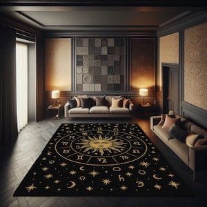 Alfombra del Sol del Zodíaco en Negro y Dorado, Alfombra de Astrología Celestial con Símbolos del Horóscopo, Arte Místico para el Suelo con Decoración de Brujería, Moderna o Esotérica