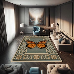 Monarch Butterfly Area Rug, Teal Floral Frame Rug, Vintage Botanical Specimen Rug, Nursery Nature Study Rug, Cottagecore Accent Carpet