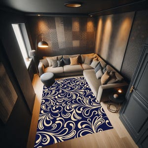 May include: A navy blue and cream-colored area rug with a swirling, floral pattern. The rug is placed in a living room with a sectional sofa, ottoman, and a floor lamp. The room has dark walls and a modern design.