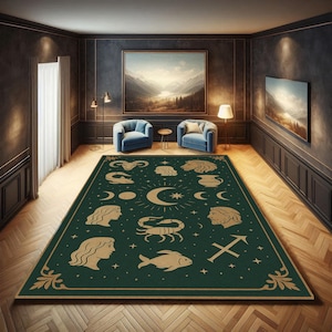 Alfombra astrológica con símbolos del zodíaco y fases lunares celestiales. Alfombra verde bosque con horóscopo para un espacio espiritual, una habitación mística o una decoración con la carta astral.