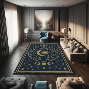 Alfombra de astrología del zodíaco, alfombra celestial con fases lunares y mapa estelar, alfombra mística dorada sobre azul marino para una decoración espiritual, bohemia o de meditación.