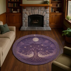May include: A round area rug featuring a tree design under a full moon and stars. The rug has a purple and lavender color scheme with a decorative border. The tree has a detailed root system and glowing orbs in the branches.