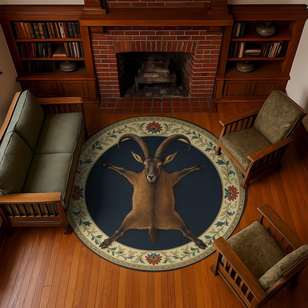 Round Hide Rugs Goat Hide Round Rug: Navy Center, Cream Floral Border - Etsy