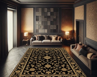 Black Floral Area Rug: Vintage Botanical Gold Detail