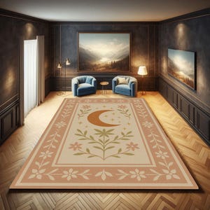 Crescent Moon Floral Rug, Cottagecore Botanical Area Rug, Soft Pastel Moon Rug, Mystical Celestial Carpet, Boho Lunar Flower Home Decor