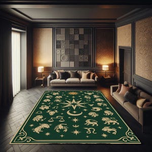 Tappeto con segni zodiacali e sfondo verde celeste, tappeto con simboli astrologici per case mistiche, elemento decorativo con stelle allineate, tappeto con oroscopo