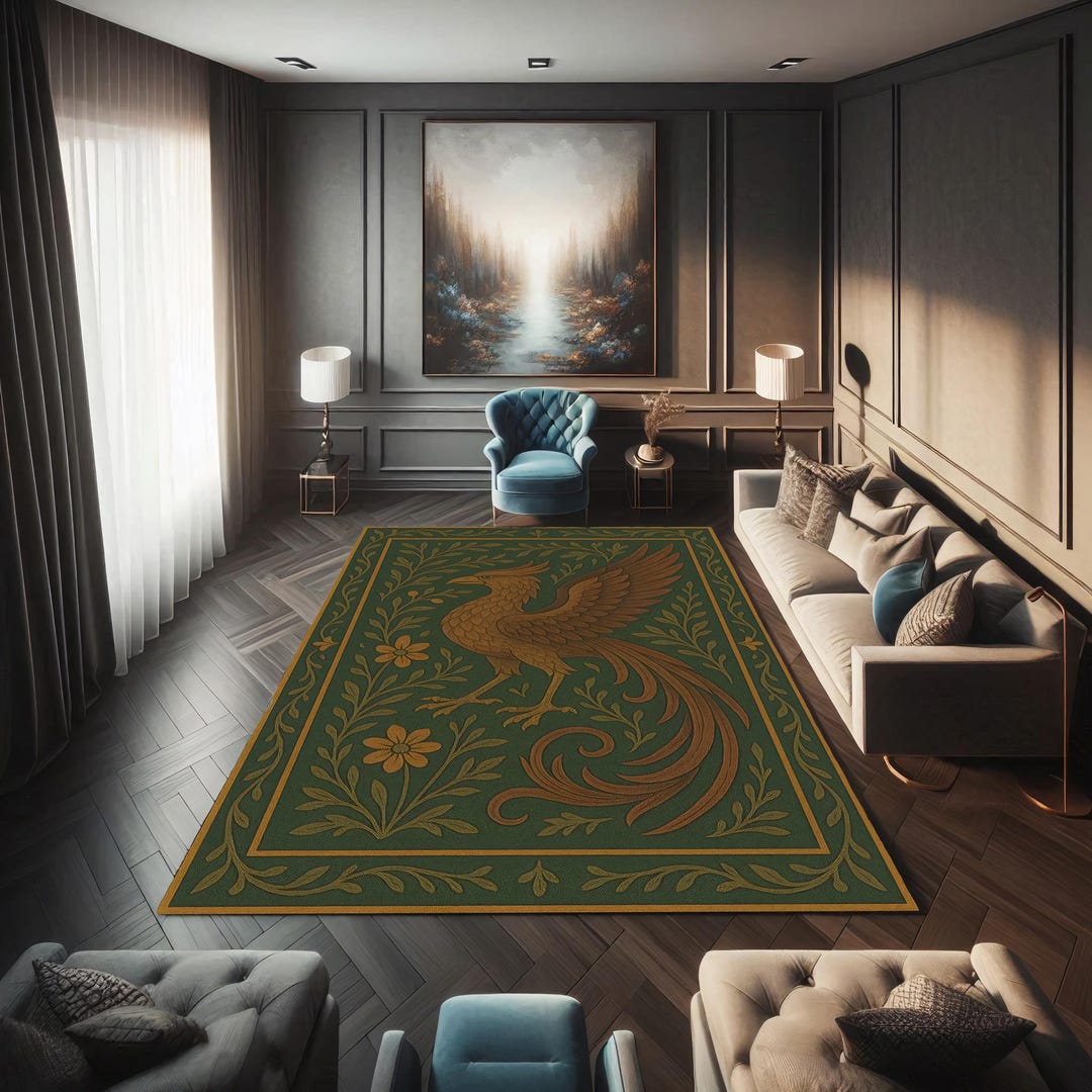 Phoenix Bird Rug: Olive Green Fantasy Rug, Eclectic Boho Decor - Etsy