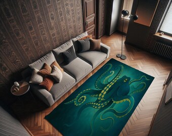 Teal Octopus Rug: Deep Sea Glow, Moody Ocean Art