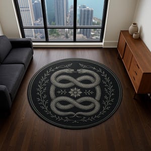 May include: A circular black rug with a detailed design of two intertwined snakes, a central flower, and botanical motifs. The rug is set on a dark wooden floor, with a sofa and a window offering a cityscape view in the background.