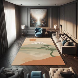 Japanese Mountain Landscape Rug With Pine Tree Design, Mount Fuji Carpet Style Decor, Minimalist Nature Scene Rug, Soft Earth Tone Rug
