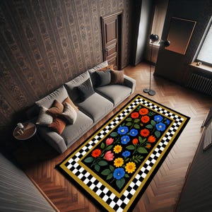 Floral Checker Rug: Midnight Garden, Colorful Botanicals
