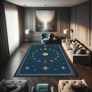 Zodiac Symbols Rug With Celestial Moon Phases, Mystical Star Chart Carpet For Astrological Decor, Navy Gold Horoscope Style Rug