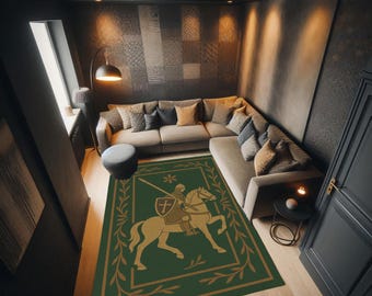 Knight Rider Rug: Medieval Gold Warrior on Green, Castlecore Decor