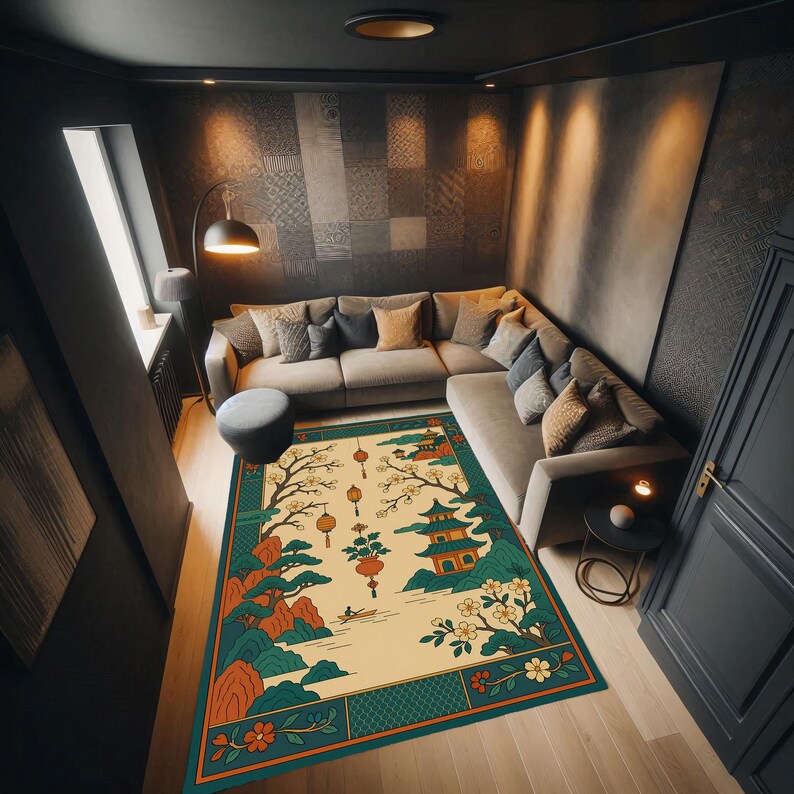 Chinese Art Deco Pagoda Rug: Cherry Blossom Lantern Landscape, Teal and ...