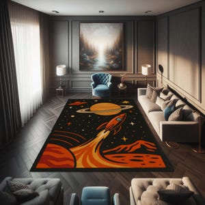 Alfombra retro de cohetes: alfombra espacial de dibujos animados con Saturno y estrellas, diseño de lanzamiento espacial para habitación infantil, sala de juegos o decoración nerd.