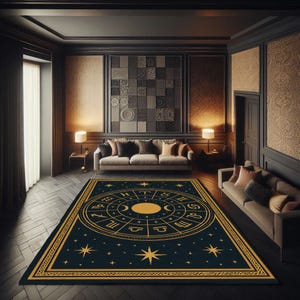 Sternzeichen Kreis Teppich mit Goldenen Mondphasen – Okkulter Astrologie Teppich mit Sternenkarte Motiven und Horoskop Zeichen für Boho spirituelle Dekoration