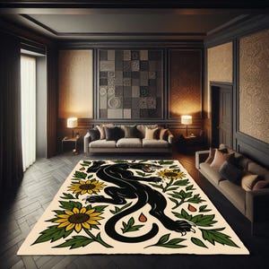 May include: A large area rug featuring a black panther design with yellow sunflowers and green leaves on a cream background. The rug is placed in a room with dark wood flooring and two sofas.