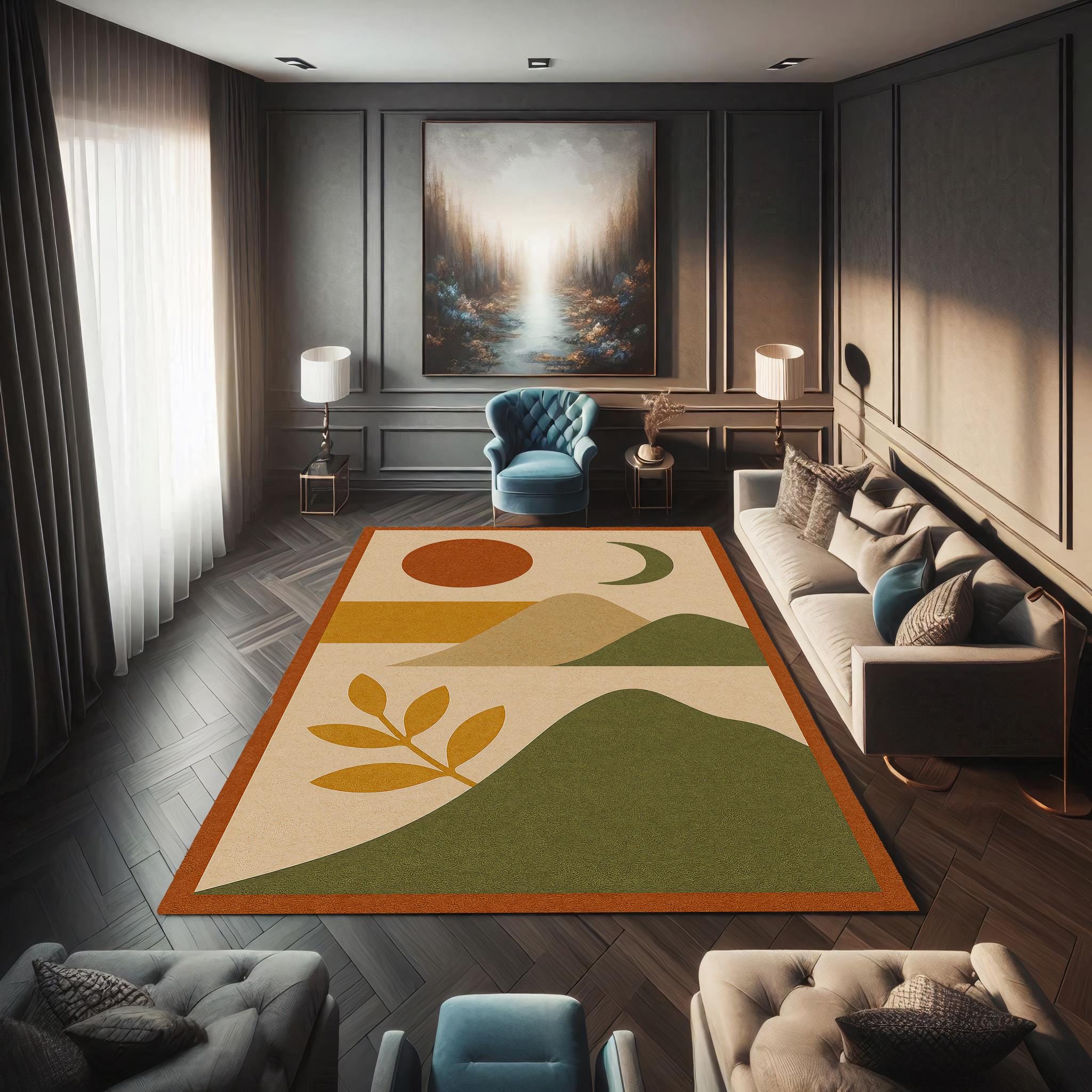 Minimalist Landscape Rug: Earth Tones, Crescent Moon, Hills