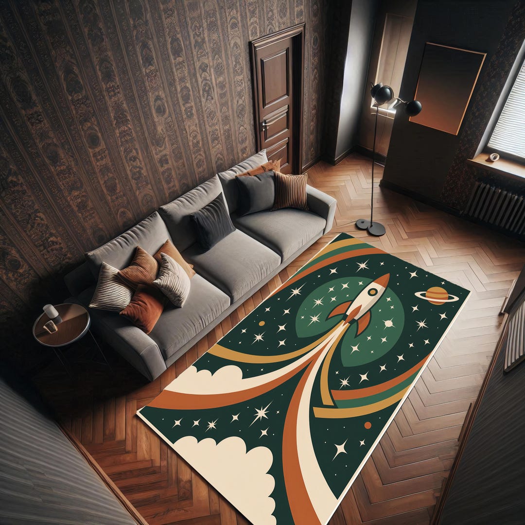 Retro Rocket Rug: Mid-century Modern Kids Room Galaxy Carpet - Etsy