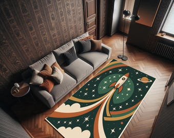 Retro Rocket Rug: Mid-Century Modern Kids Room Galaxy Carpet